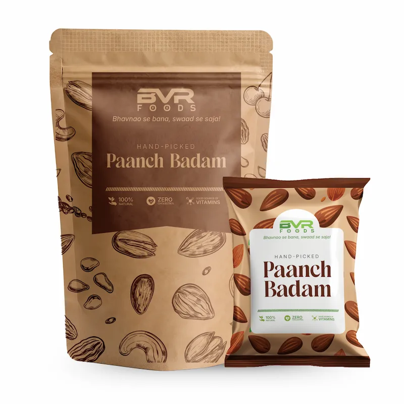 BVR Foods Paanch Badam (5 Almonds Daily) –Daily Wellness Snack | Vitamin E Rich | Heart & Brain Health | Single-Serve Minimalist Pack | For All Ages | No Salt, No Additives